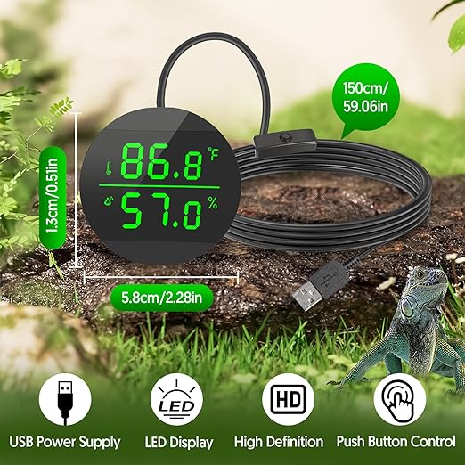 QZQ Reptile Thermometer and Humidity Gauge, LED Digital Thermometer Hydrometer, Reptile Tank Accessories for Bearded Dragon, Crested Gecko, Snake, Jumping Spider, Lizard, USB Power Supply (Black) - Image 6