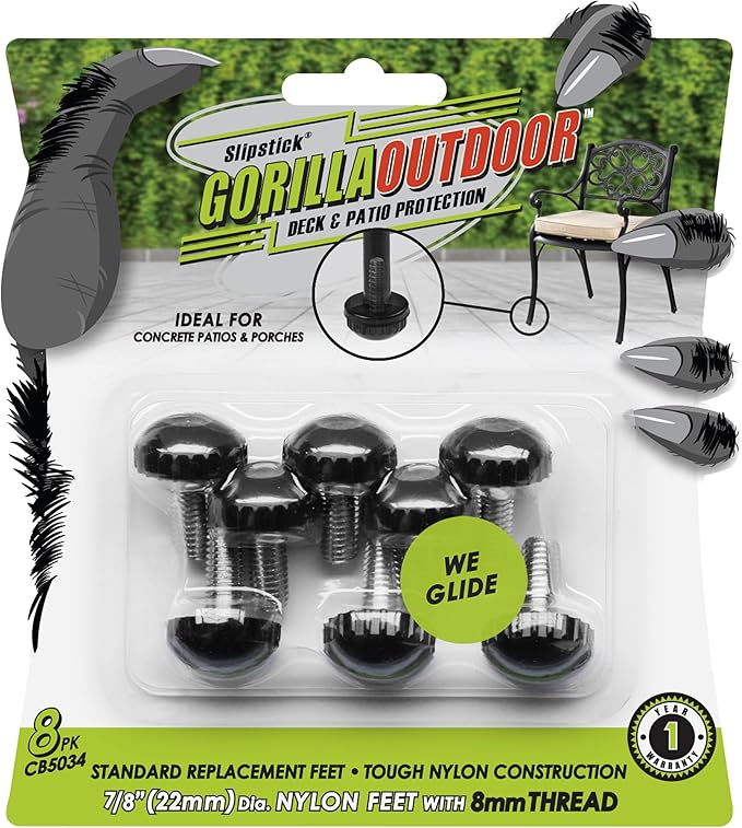 Slipstick Gorilla Outdoor Adjustable Furniture Levelers (8 Pack) Weatherproof Screw in Leg Glides for Chairs, Tables, and Outdoor Furniture Feet, 7/8 Inch Nylon Spherical Glide, M8 Thread by Slipstick