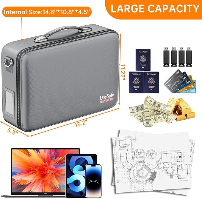 DocSafe Fireproof Document Box with Lock, Hard Case File Organizer with Accordion File Folder, Fireproof Water Resistant Safe Box Home Office Travel Storage for Important Documents Laptop Gray - Image 5