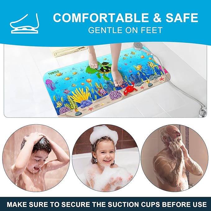 XIYUNTE Baby Bath Mat for Tub Non Slip Kids Bath Mat - 40''x16'' Extra Long Cartoon Bathtub Mat Non Slip Kids Shower Mat Eco-Friendly Toddler Bath Mats with Suction Cups, Machine Washable, Sea Turtle - Image 7