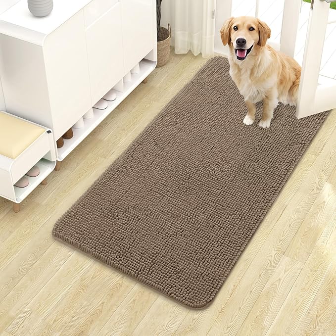 OLANLY Dog Door Mat for Muddy Paws 40x24, Absorbs Moisture and Dirt, Absorbent Non-Slip Washable Doormat, Quick Dry Chenille Mud Mat for Dogs, Entry Indoor Entryway Carpet for Inside Floor, Tan by OLANLY