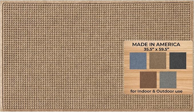 WaterHog Squares Front Door Mat Indoor Outdoor Entrance, Absorbent All-Weather Doormat with Non-Slip Rubber Backing, Dirt & Moisture Trapper, Low Profile, Easy Clean, Made in USA, 45.5"x70" Camel by WaterHog