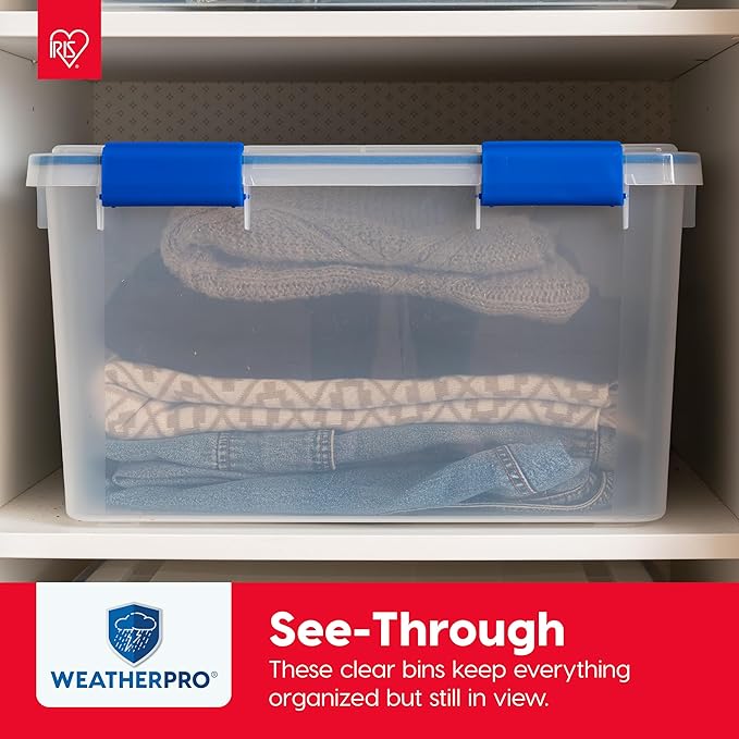 IRIS USA WeatherPro 16 Qt Storage Bins with Lids, 3 Pack, BPA-Free Plastic Gasket Box with Tight Latch and Seal, Stackable Nestable Tote Tub - Clear/Blue - Image 5