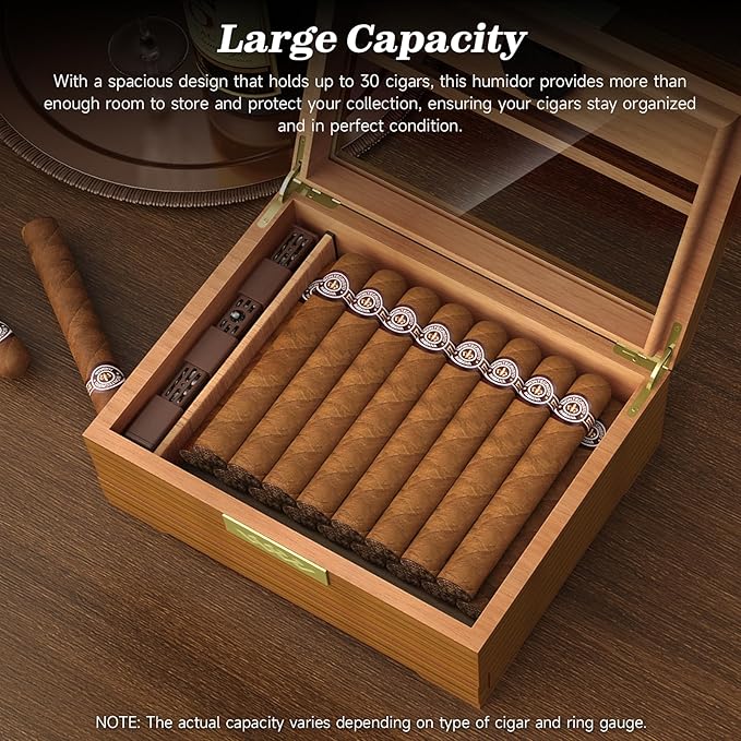 TISFA Cigar Box Handcrafted Humidor with Hygrometer and Humidifier, Cedar Wooden Humidor Case with Drawer, Divider, Cigar Length Gauge, Desktop Humidor Box Gifts Cigar Accessories (Light) - Image 4