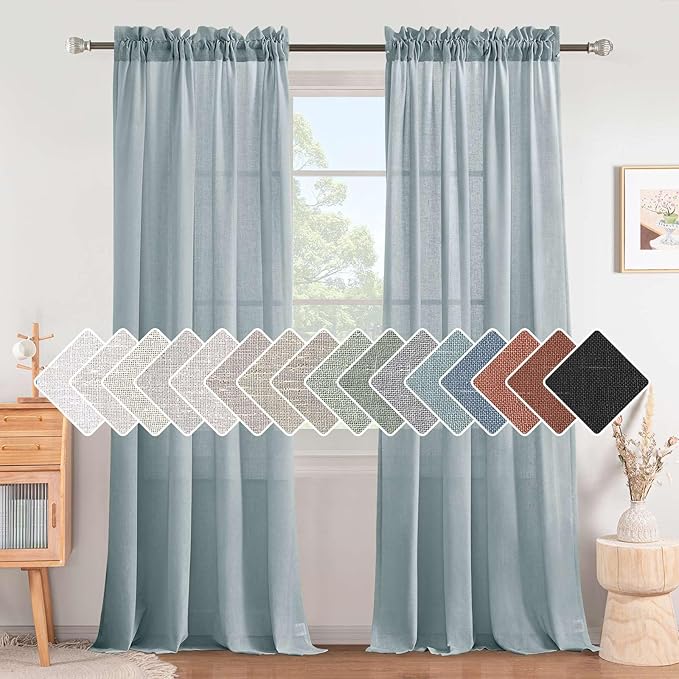 H.VERSAILTEX Linen Curtains Elegant Natural Linen Semi Sheer Curtains Energy Light Filtering Rod Pocket Window Treatments Panels for Living Room (Set of 2, Cloud Blue, 52 inch W X 108 inch L) by HVERSAILTEX