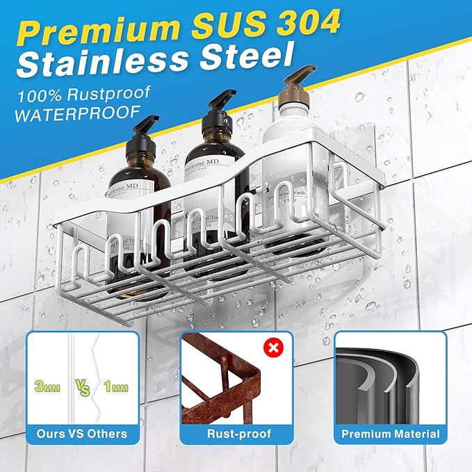 Shower Caddy 2 Pack,Adhesive Shower Organizer for Bathroom Storage&Home Decor&Kitchen organizers and storage,No Drilling,Large Capacity,Rustproof Stainless Steel Bathroom Organizer,Bathroom Decor Sets - Image 5