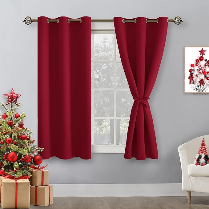 Hiasan Blackout Curtains for Bedroom - Thermal Insulated & Light Blocking Window Curtains for Living Room, 2 Drape Panels Sewn with Tiebacks, Christmas Red, 42 x 54 Inch - Image 2