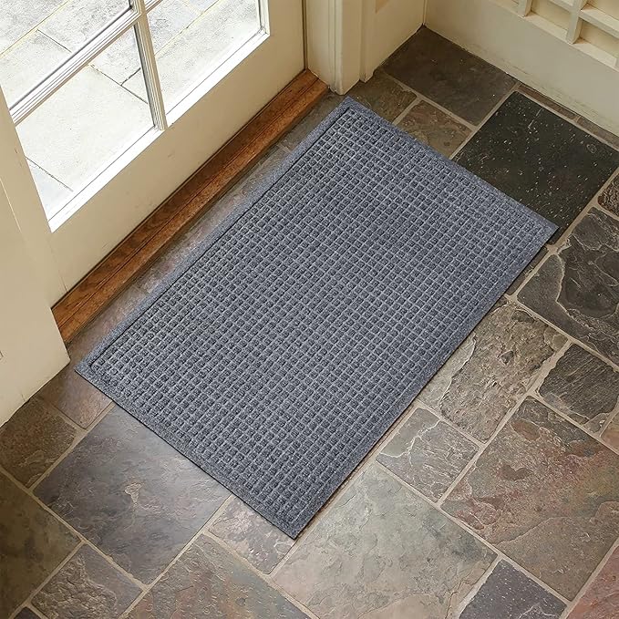 WaterHog Squares Front Door Mat Indoor Outdoor Entrance, Absorbent All-Weather Doormat with Non-Slip Rubber Backing, Dirt & Moisture Trapper, Low Profile, Easy Clean, Made in USA, 23"x35.5" Bluestone - Image 4