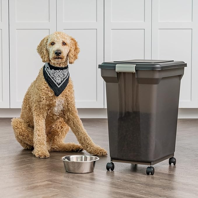 IRIS USA 58 Lbs / 67 Qt WeatherPro Airtight Pet Food Storage Container with Attachable Casters, For Dog Cat Bird and Other Pet Food Storage Bin, Keep Fresh, Easy Mobility, BPA Free, Smoke - Image 5