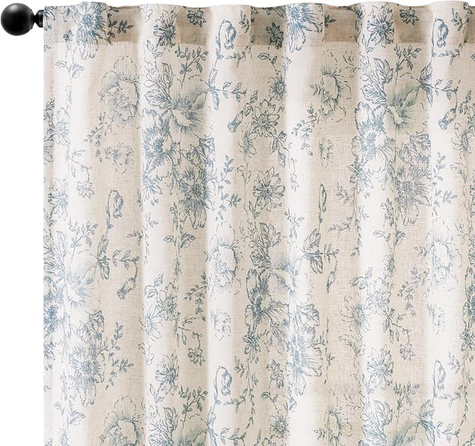 jinchan Linen Blend Curtain Floral Curtains for Living Room 96 Inch Length Blue Printed Curtain Rod Pocket Back Tab Farmhouse Peony Flower Patterned Drapes Bedroom Window Curtains Set 2 Panels - Image 9