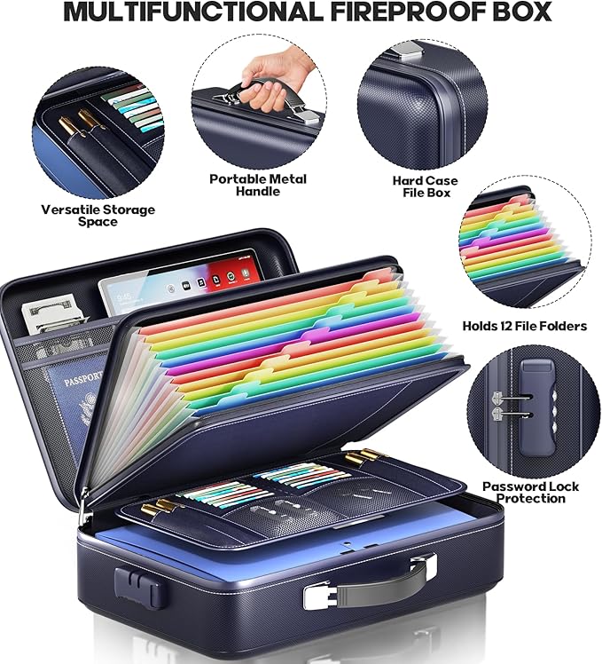 Fireproof Document Box, Hard Case Highly Flame-Resistant Fire Proof Waterproof File Organizer with Lock, Portable Fire Safe for Important Documents & Valuables Storage (Blue, ‎16"*12"*5") - Image 5