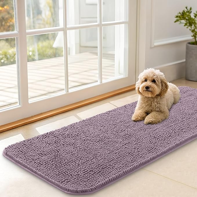 OLANLY Dog Door Mat for Muddy Paws 47x17, Absorbs Moisture and Dirt, Absorbent Non-Slip Washable Doormat, Quick Dry Chenille Mud Mat for Dogs, Entry Indoor Entryway Carpet for Inside Floor, Deep Plum by OLANLY