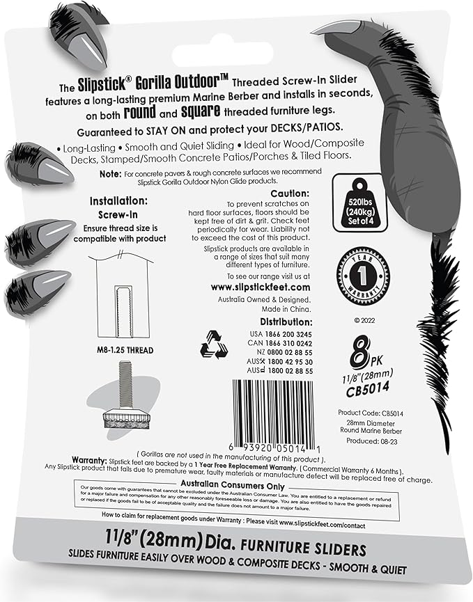 Slipstick Gorilla Outdoor Adjustable Furniture Levelers (8 Pack) Weatherproof Screw in Leg Glides for Chairs, Tables, and Outdoor Furniture Feet, 1-1/8 Inch Berber Glide, M8 Thread - Image 8