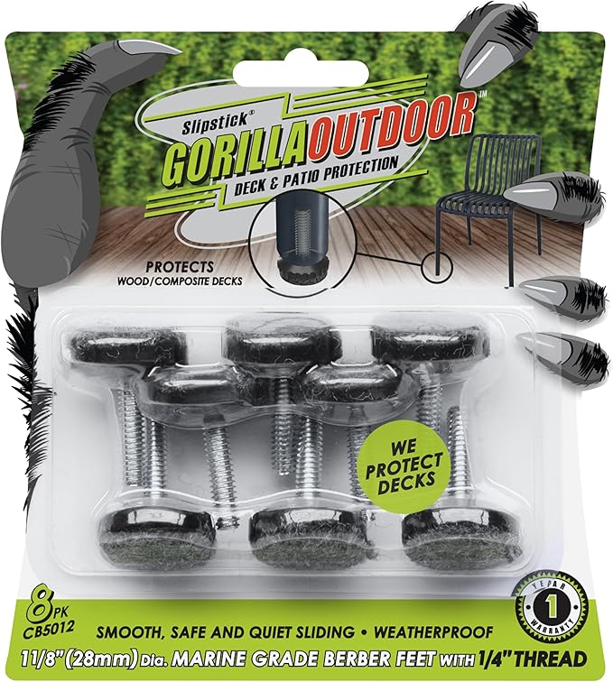 Slipstick Gorilla Outdoor Adjustable Furniture Levelers (8 Pack) Weatherproof Screw in Leg Glides for Chairs, Tables, and Outdoor Furniture Feet (Berber Glide, ¼”-20 BSW Thread) by Slipstick