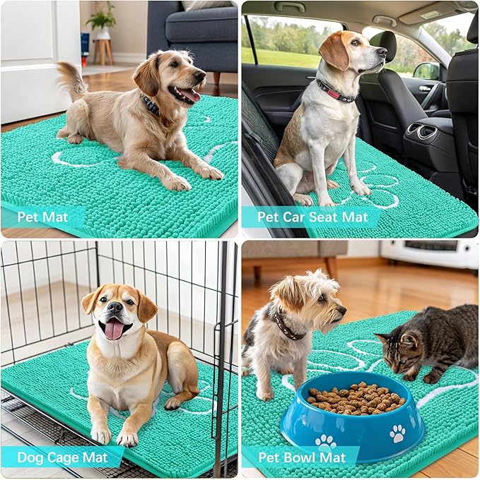 OLANLY Dog Door Mat for Muddy Paws 24x16, Paw Print Design, Absorbs Moisture and Dirt, Absorbent Non-Slip Washable Doormat, Quick Dry Chenille Mud Mat for Dogs, Entry Indoor Entryway Carpet, Teal - Image 7