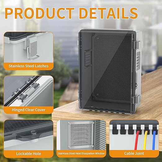 Joinfworld Outdoor Electrical Box, Waterproof Electrical Box WiFi Enclosure 11.8x6.7x5.6 Vented Electric Box Plastic Clear with Mounting Panel Cable Grommet Stainless Steel Dust Screen - Image 5