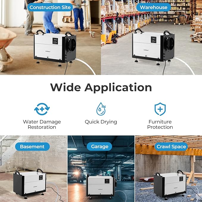 COSTWAY 124 PPD Commercial Dehumidifier, 1300 Sq.Ft Crawl Space Dehumidifier with 9.8 FT Drain Hose & Wired Remote Control Panel, Ideal for Basement, Warehouse, Job Site (White) - Image 6
