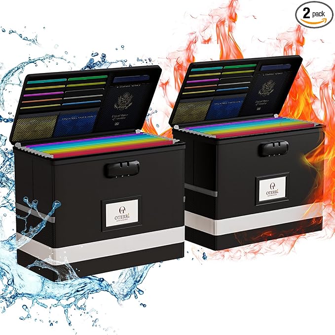 Oterri 2 Pack Fireproof Document Box With Lock, Portable File Safe Box Fireproof Waterproof For Letter Files, Collapsible Fireproof File Box With Handle Black by Oterri