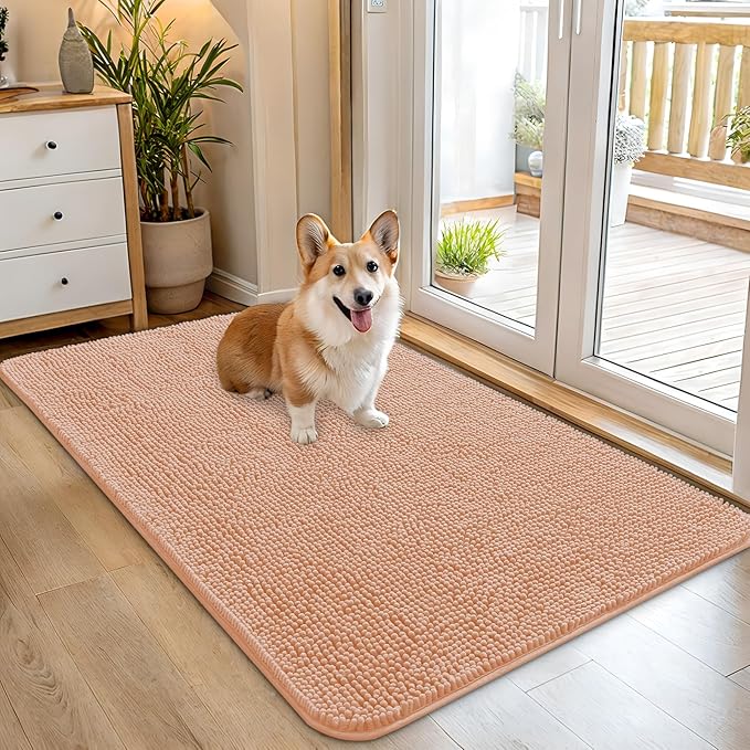 OLANLY Dog Door Mat for Muddy Paws 45x27, Absorbs Moisture and Dirt, Absorbent Non-Slip Washable Doormat, Quick Dry Chenille Mud Mat for Dogs, Entry Indoor Entryway Carpet for Inside Floor, Peach by OLANLY