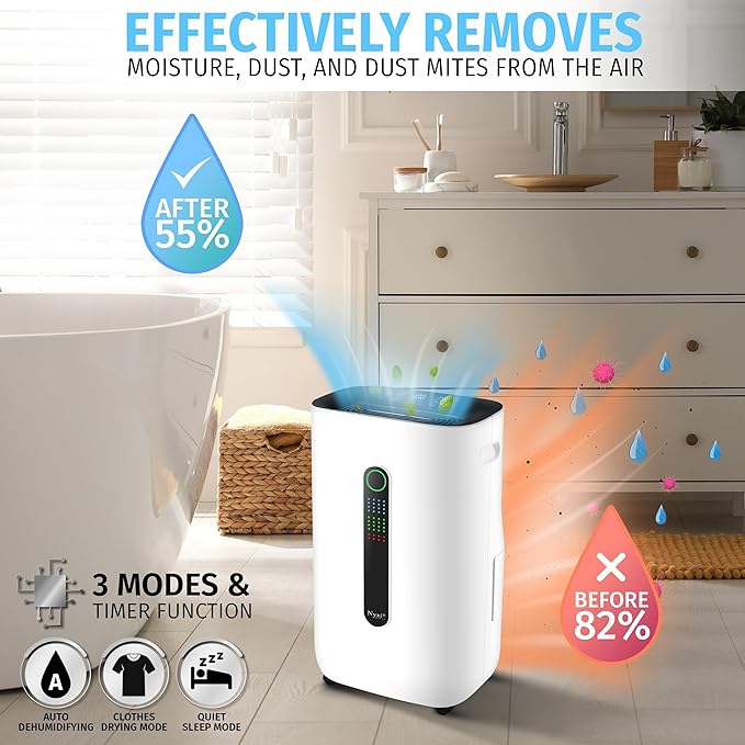 Nyxi 4,500 Sqft / 50 Pints Compressor Dehumidifier, Smart Digital Humidity Control, XL Water Tank 1.7 Gallon, Drain Hose Option, 24-Hour Timer, Removes Moisture for Home, Laundry, Office - Image 4