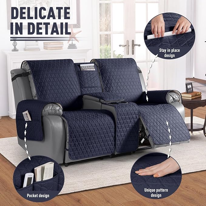 TAOCOCO 100% Waterproof Loveseat Recliner Couch Sofa Covers with Console,Double Reclining Couch Cover Non-Slip Sofa Slipcovers Washable,Furniture Protector Covers for Kids,Pets(2 Seater,Dark Blue) - Image 6