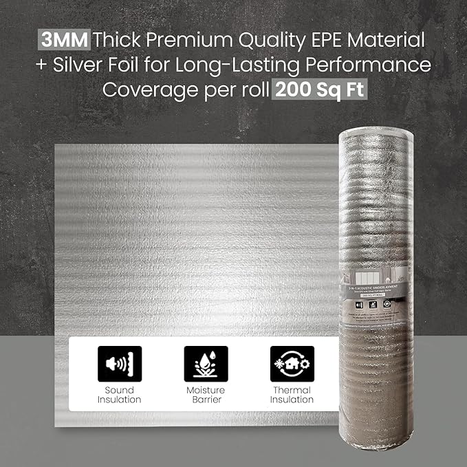 3-in-1 Acoustic Premium Floor Underlayment - 200 sqft Roll - 3mm Thick EPE with Silver Foil Vapor Barrier with Tape - Moisture Barrier, Thermal Insulation, Sound Insulation (Silver Protect) - Image 2