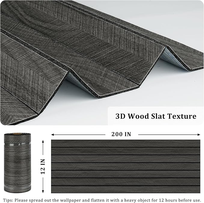 Grey/Black 3D Wood Panels for Wall Decor 200"x12" Peel and Stick Faux Wood Wall Panel Self Adhesive Soundproof Wooden Slats Paneling Wallpaper for Living Room Bedroom Office Work Shop - Image 3