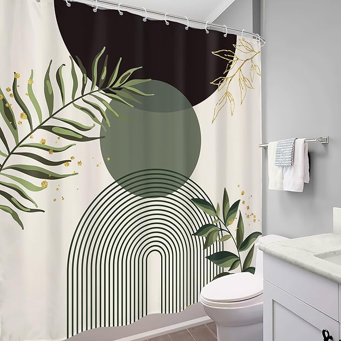 Dark Green Boho Shower Curtain 72Wx84H Extra Long Black Green Modern Bohemian Abstract Plant Leaves Bathroom Decor Minimalist Geometric Neutral Bath Curtain Fabric Polyester 12 Pack Hooks - Image 4