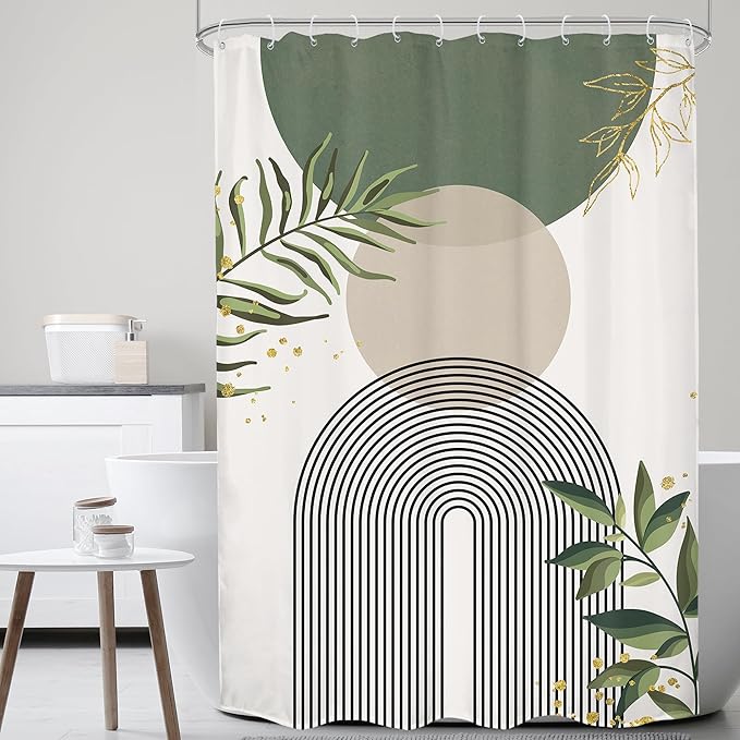 Small Stall Green Boho Shower Curtain 54Wx78H Rv Modern Bohemian Abstract Sage Green Gold Leaves Plant Minimalist Narrow Half Bathroom Decor Geometric Bath Curtain Fabric Polyester 12 Pack Hook by MitpokBrand