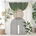 Boho Green Shower Curtain, Sage Bohemian Mid Century Modern 60Wx72H Bathroom Curtain, Abstract Gold Leaves Plant Olive Grey Minimalist Bathroom Decor Bath Curtain Polyester 12 Pack Hooks by MitpokBrand