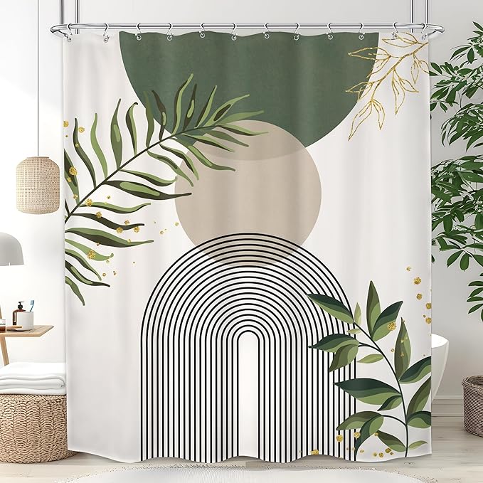 Boho Green Shower Curtain, Sage Bohemian Mid Century Modern 60Wx72H Bathroom Curtain, Abstract Gold Leaves Plant Olive Grey Minimalist Bathroom Decor Bath Curtain Polyester 12 Pack Hooks by MitpokBrand