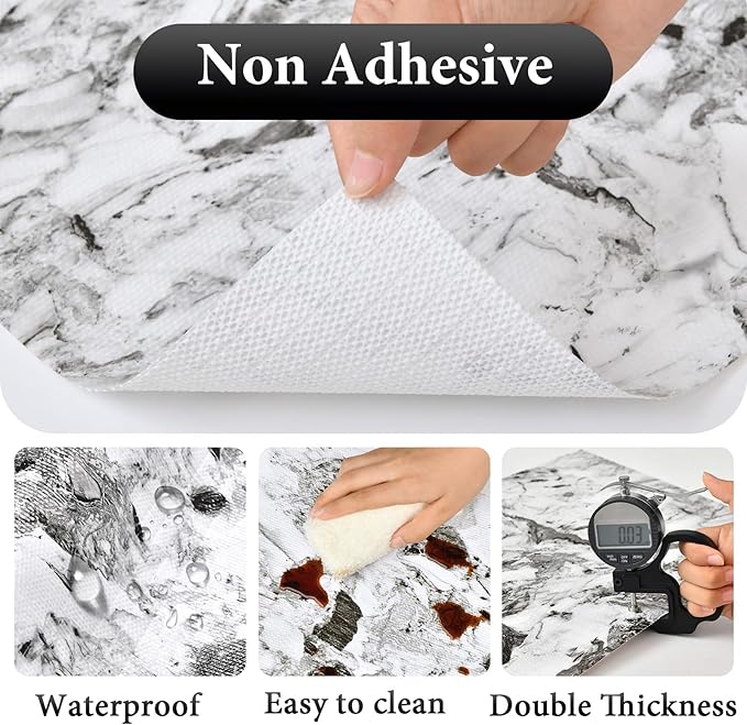 Drawer and Shelf Liner for Kitchen Cabinet: 12 in X 20 Ft Non Slip Waterproof Shelf Paper Non Adhesive Refrigerator Liners Grey and White Marble Easy Liners for Bathroom with Knife Tape Measure - Image 3