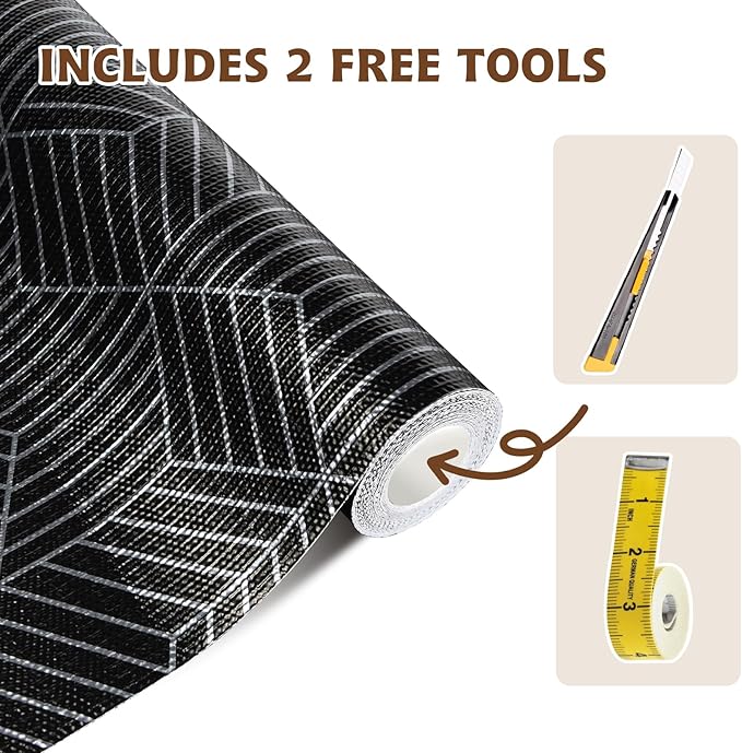 Shelf Liners for Kitchen Cabinets 17.3in x 20FT, Non Adhesive Cabinet Liner Strong Non-Slip Black and Silver Geometric Drawer Liner, Easy to Clean for Cabinet with Knife and Tape Measure - Image 6