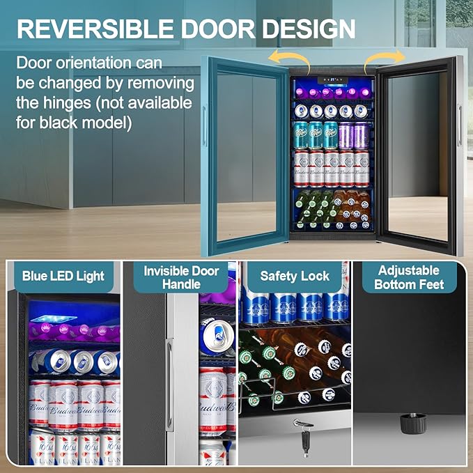 128 Cans Beverage Refrigerator Cooler, 3.2 Cu.Ft Mini Drink Fridge Glass Door for Drink Beer Soda Wine, Beer Fridge with 4 Removable Shelves for Kitchen Bedroom, Office Bar Gaming Room,Stainless Steel - Image 4