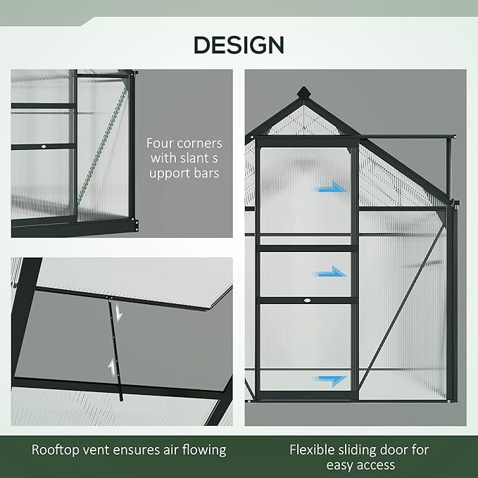 Outsunny 6' x 10' Greenhouse for Outdoors, Polycarbonate Greenhouse with Rain Gutter and Roof Vent, Aluminum Walk-in Green Houses for Outside for Patio Backyard Garden, Gray - Image 3