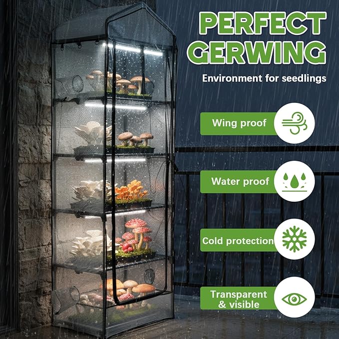 Windyun 5 Tier Extra Tall Mushroom Grow Tent Kit with Light & Timer, 80 x 19 x 27 Inch & 6500k Greenhouse with LED Grow Light, 4" Vents & Built in Humidifier Ports for Indoor Outdoor Mushroom Tent - Image 2
