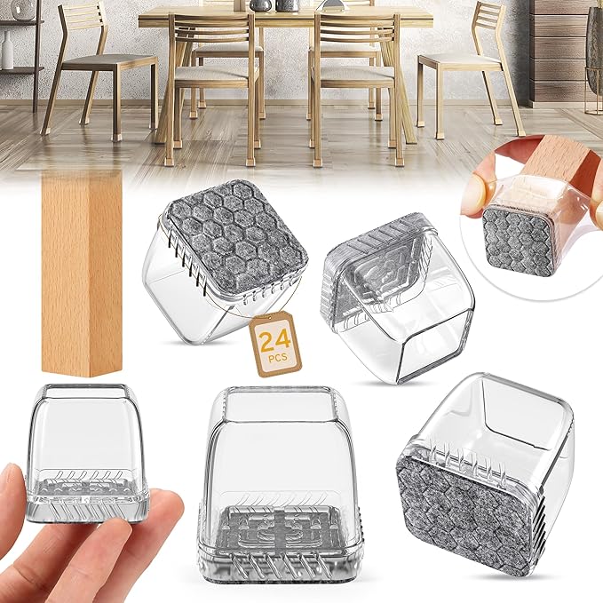 24PCS Square Chair Leg Floor Protectors, Furniture Sliders, Chair Leg Protectors for Hardwood Floors, Non-Slip Felt Furniture Pads, Silicone Cap Covers to Protect Floors, (Fit 0.75" - 1.1") by Indemo
