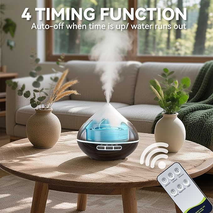 500ML Essential Oil Diffuser, Aromatherapy Diffuser with Remote Control, Multifunctional Air Diffusers for Home Office Room, Fragrance Aroma Diffuser with 7 Color LED & 2 Mist Mode, Dark Brown - Image 4