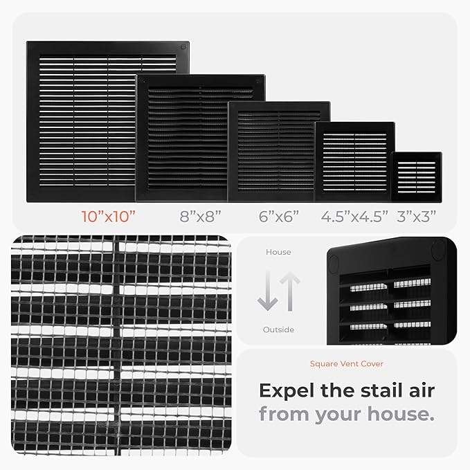 5-Pack 12" x 12" (Outer Size) Square Air Vent Cover – Black Plastic Vent Deflector - Screen Mesh, Surface Mount Wall Ceiling – Cold Air Return Soffit Air Vent Cover - Register Indoor Outdoor - Image 3