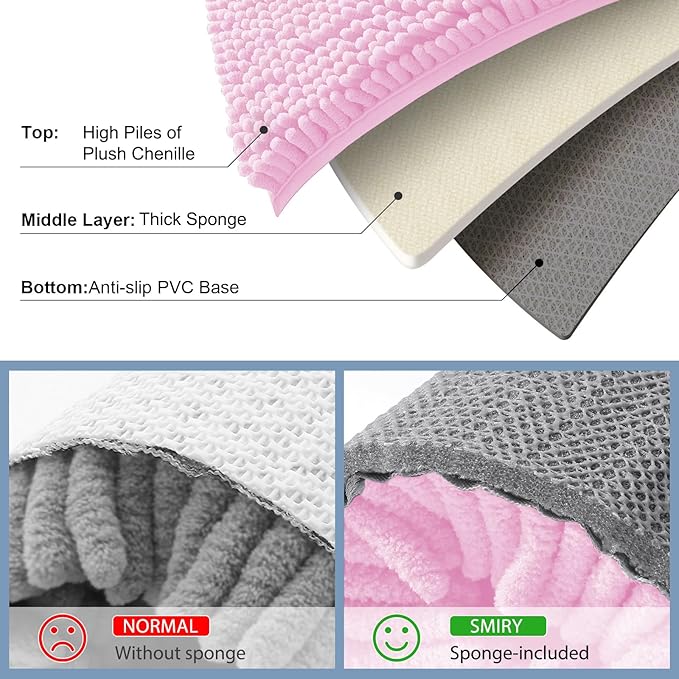 Smiry Luxury Chenille Bathroom Rugs 59x24, Extra Soft and Absorbent Shaggy Bath Mat, Machine Washable, Non-Slip Plush Carpet Runner for Tub, Shower, and Floor, Home Decor Accessories, Pink - Image 5