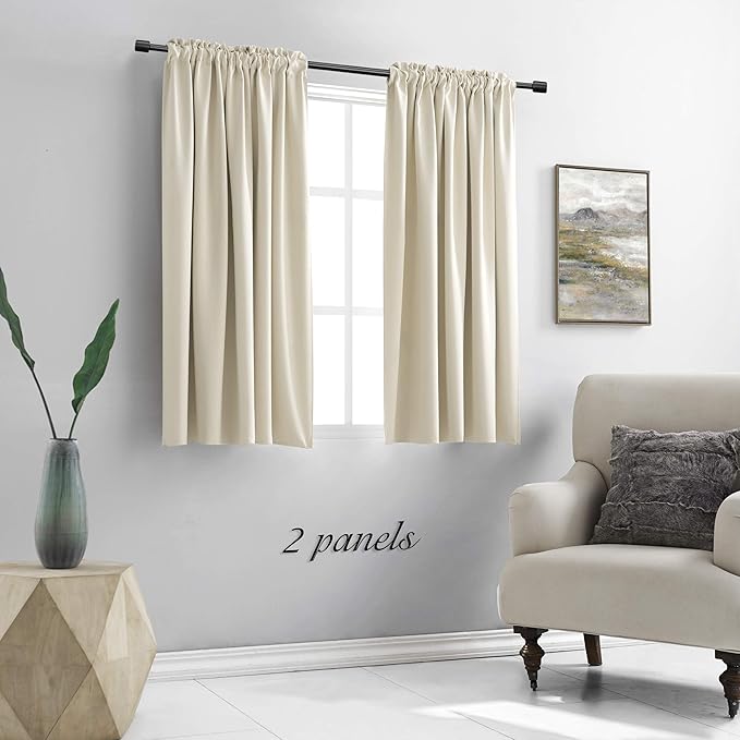 DONREN 48 Inch Length Cream Beige Curtains for Bedroom - Small Window Treatment Rod Pocket Room Darkening Curtain Drapes (Set of 2 Panels,52 W x 48 L) - Image 2