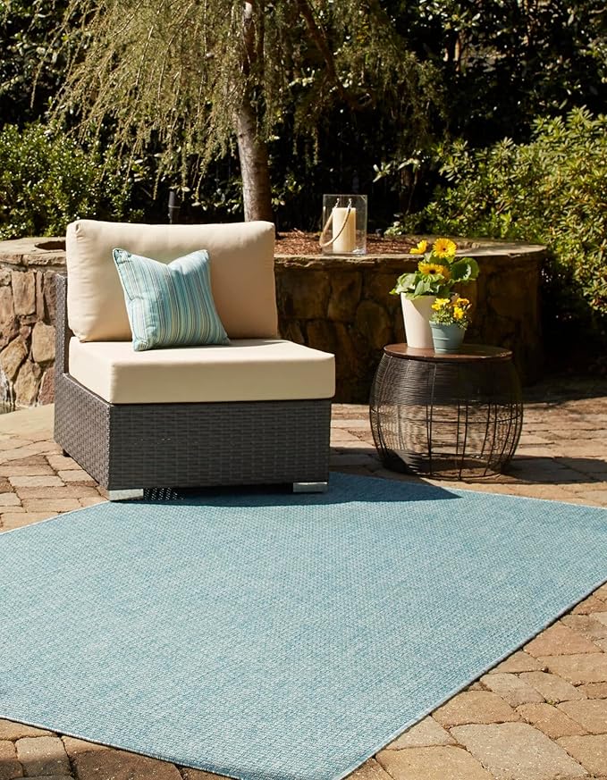 Unique Loom Collection Casual Transitional Solid Heathered Indoor/Outdoor Flatweave Area Rug (6' 1" x 9' Rectangle, Aquamarine/Ivory) - Image 3