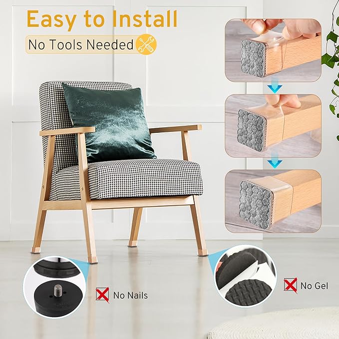 24PCS Square Chair Leg Floor Protectors, Furniture Sliders, Chair Leg Protectors for Hardwood Floors, Non-Slip Felt Furniture Pads, Silicone Cap Covers to Protect Floors, (Fit 1.1" - 1.5") - Image 5