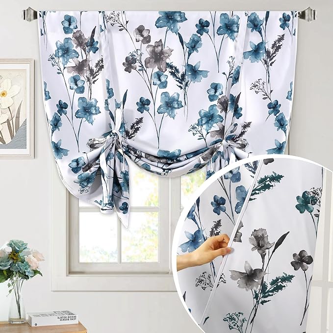 H.VERSAILTEX Reversible Tie Up Curtains Cattleya Floral Printed Rod Pocket Panel for Small Window - Reversible in Blue/Teal- 42" Wide by 45" Long by HVERSAILTEX