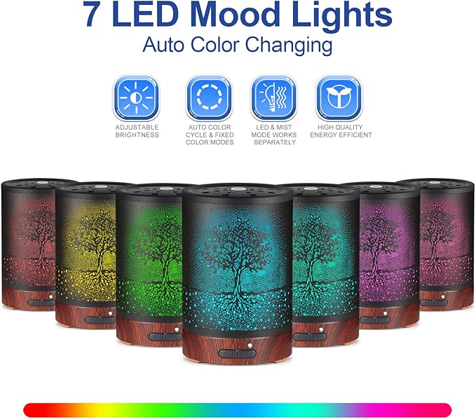 Essential Oil Diffuser- Aromatherapy Diffuser with7 Colors Light and Auto-Off for Women Metal Cool Mist Humidifier for Home and Office for Mom Women(Tree) - Image 2