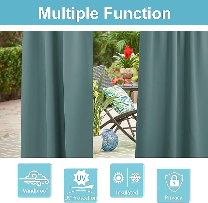 RYB HOME Teal Blue Outdoor Curtains 95 inches Long Blackout Thermal Insulating Curtains for Patio Pergola Gazebo Pavillion Garden Garage Pool, W 52 x L 95, 1 Panel - Image 5