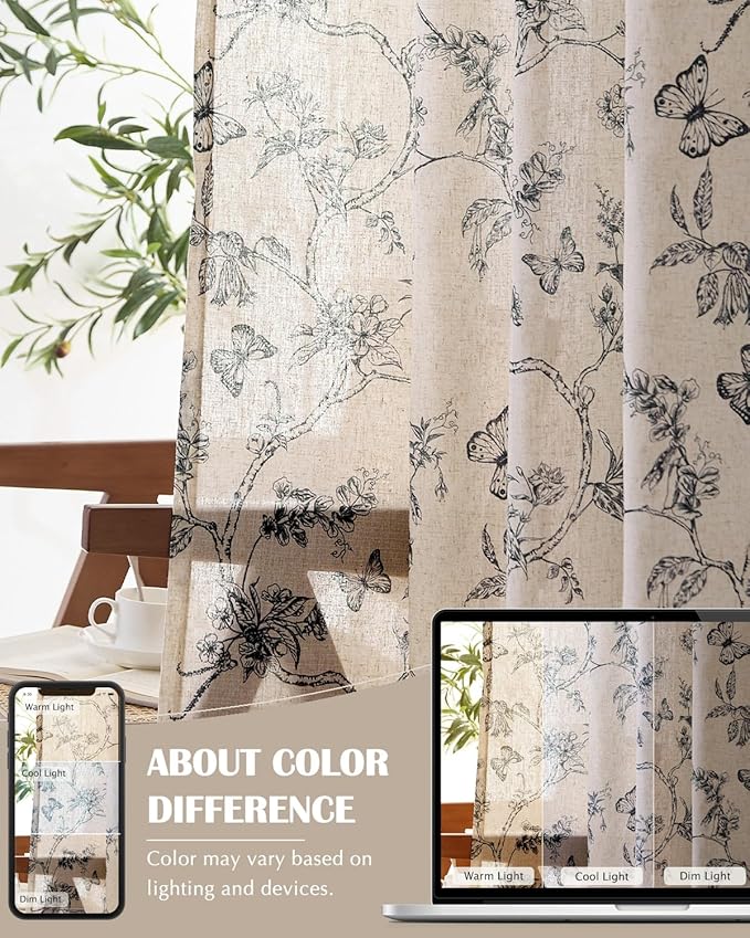 jinchan Floral Linen Curtains for Living Room 84 Inch Length Butterfly Curtain Black Floral Curtains French Country Farmhouse Curtain Flower Patterned Drapes Window Treatment Set 2 Panels - Image 7