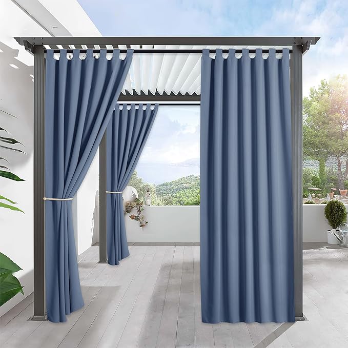 RYB HOME Outdoor Curtains for Patio Waterproof Tab Top Block Sunlight Thermal Insulated Privacy Assured Thick Outside Curtains for Porch, Balcony, Pool, W52 x L95, Stone Blue, 1 Panel by RYBHOME