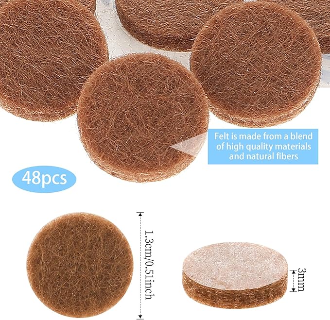 48 Pcs Brown Felt Cabinet Door Pads, 1/2 Inches Diameter Self Adhesive Felt Bumpers for Furniture Kitchen Cabinet Doors Floor Drawers Cupboards - Image 2