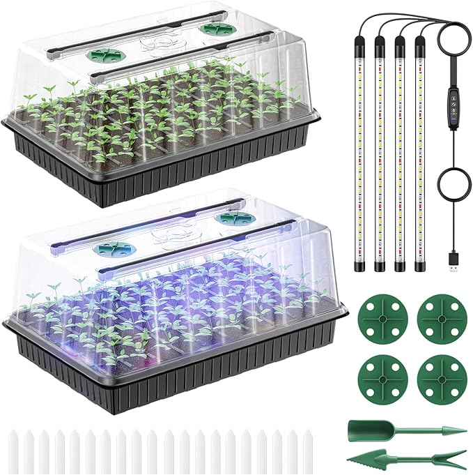 Pawfly Seed Starter Trays, 2 Pack 80 Cells Seed Starter Kit with Adjustable Grow Light Bars & 3.5" Humidity Domes, Seeding Tray with Lids, Reusable Plant Germination Trays for Seed Starting by Pawfly